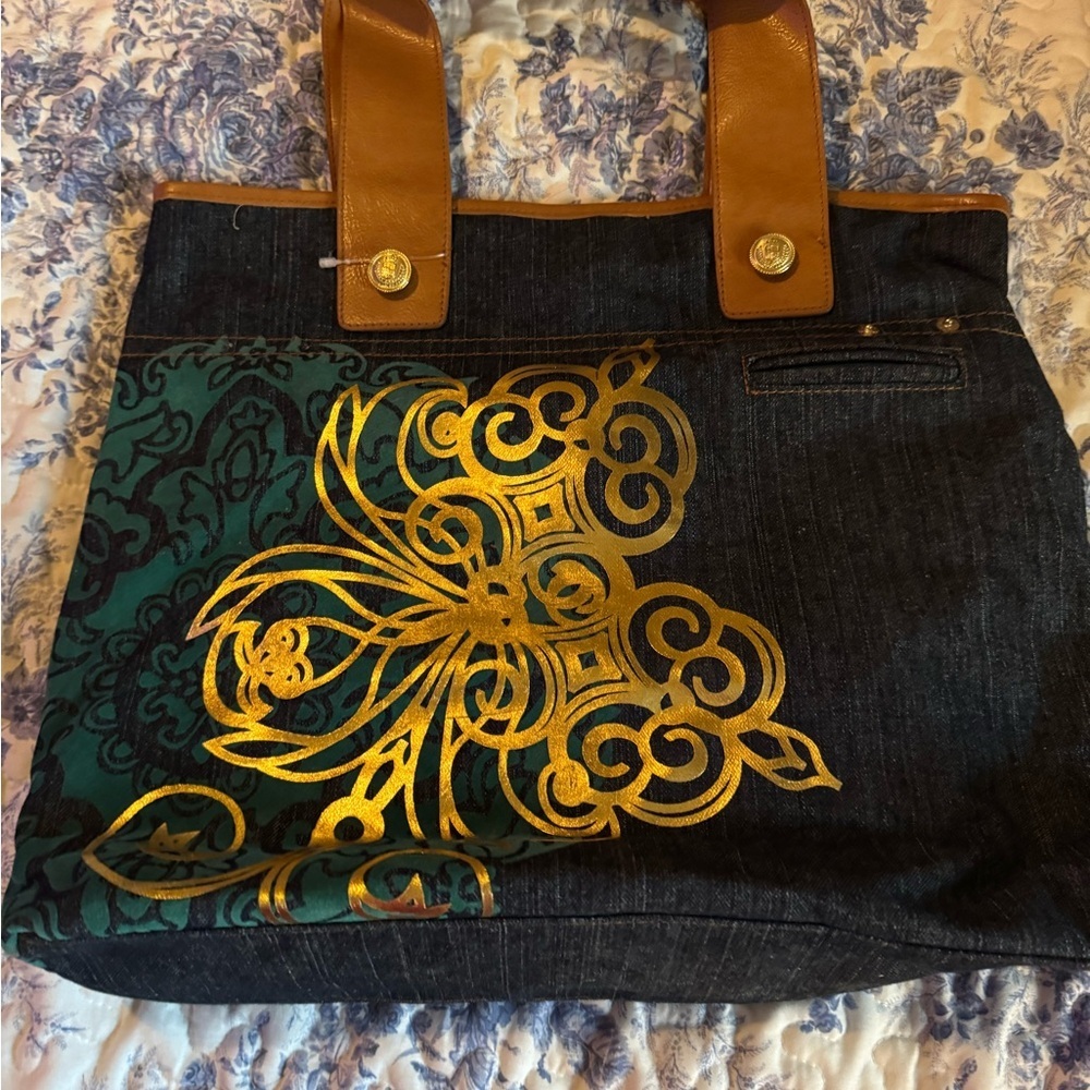 Stylish Denim bath& body works Tote Bag with Gold and Brown Accents